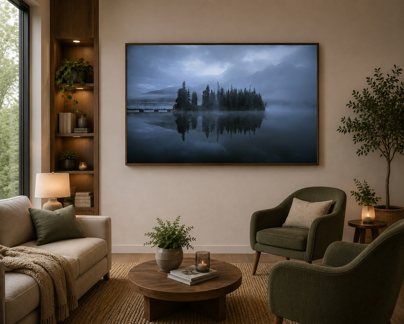 Pyramid Island bridge in fog Jasper National Park landscape photography print shown as large framed wall art in a warm modern living room by Dan Sproul